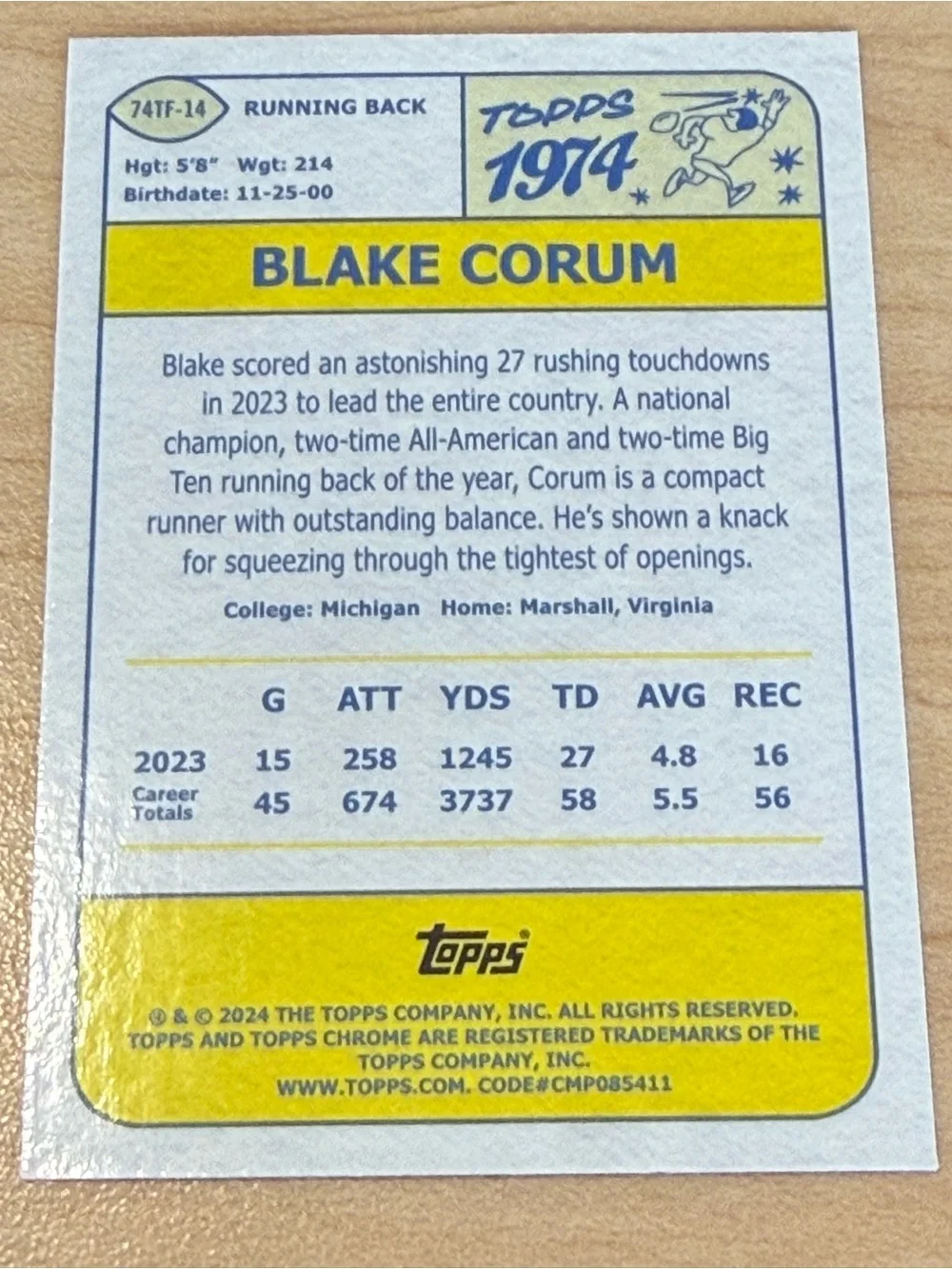 2024 Topps Chrome - 1974 Topps Football Blake Corum #74TF-14 X-Fractor (RC)